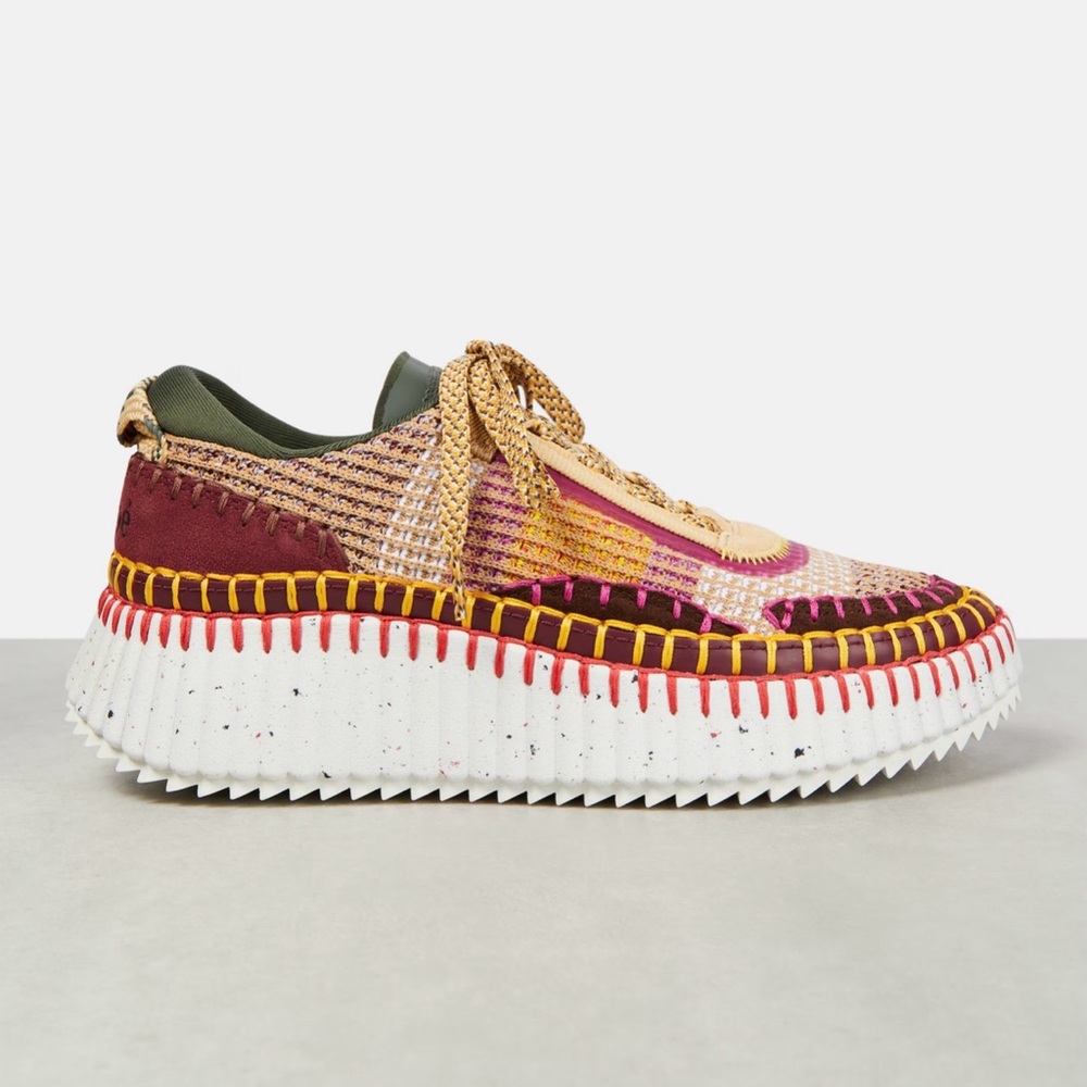 CHLOE NAMA MULTICOLOR COFFEE BROWN WOVEN PLATFORM SNEAKERS IN SIZE 38 EU